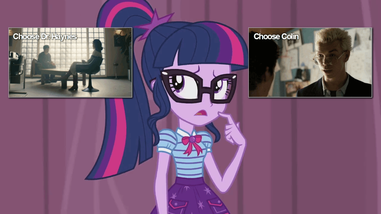 Size: 1280x720 | Tagged: safe, edit, edited screencap, screencap, character:twilight sparkle, character:twilight sparkle (scitwi), species:eqg human, episode:stressed in show, g4, my little pony: equestria girls, my little pony:equestria girls, spoilers for another series, animated, black mirror, choose your own ending (season 1), crossover, cyoa, female, geode of telekinesis, gif, magical geodes, solo