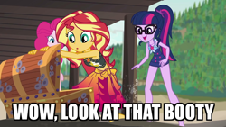 Size: 1920x1080 | Tagged: safe, edit, edited screencap, screencap, character:pinkie pie, character:sunset shimmer, character:twilight sparkle, character:twilight sparkle (scitwi), species:eqg human, ship:scitwishimmer, ship:sunsetsparkle, episode:x marks the spot, g4, my little pony: equestria girls, my little pony:equestria girls, caption, clothing, dialogue, double entendre, eyes on the prize, female, glasses, image macro, lesbian, meme, pun, shipping, sleeveless, swimsuit, text, treasure chest