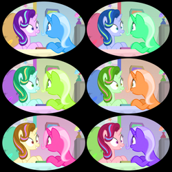 Size: 1080x1080 | Tagged: safe, edit, edited screencap, screencap, character:starlight glimmer, character:trixie, species:pony, species:unicorn, episode:on the road to friendship, animated in description, chair, color edit, colored, cropped, desk, excited, flower, grin, hue, looking at each other, png, quill, saturated, smiling, starlight's office, stars