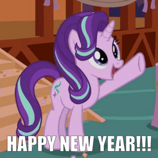 Size: 515x515 | Tagged: safe, edit, edited screencap, screencap, character:starlight glimmer, species:pony, species:unicorn, episode:the maud couple, g4, my little pony: friendship is magic, animated, confetti, cute, female, gif, glimmerbetes, happy, looking up, mare, new year, open mouth, smile and wave, smiling, solo, stairs, text edit, underhoof, waving