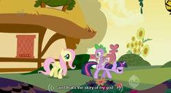 Size: 636x347 | Tagged: safe, edit, edited screencap, screencap, character:fluttershy, character:spike, character:twilight sparkle, species:dragon, species:pegasus, species:pony, species:unicorn, episode:friendship is magic, g4, my little pony: friendship is magic, caption, dragons riding ponies, ei, female, god, hub logo, male, mare, riding, youtube caption
