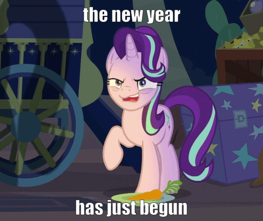 Size: 854x720 | Tagged: safe, edit, edited screencap, screencap, character:starlight glimmer, species:pony, species:unicorn, episode:on the road to friendship, animated, bags under eyes, caption, carrot, cropped, faec, female, food, gif, happy new year 2019, image macro, insanity face, laughing, madness, mare, raised hoof, solo, text, trixie's wagon