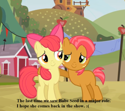 Size: 866x768 | Tagged: safe, edit, edited screencap, screencap, character:apple bloom, character:babs seed, species:pony, episode:apple family reunion, g4, my little pony: friendship is magic, caption, cute, farm, female, filly, image macro, sweet apple acres, text