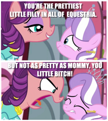 Size: 640x718 | Tagged: safe, edit, edited screencap, screencap, character:diamond tiara, character:spoiled rich, episode:crusaders of the lost mark, g4, my little pony: friendship is magic, abuse, bad parenting, bipolar, bitch, caption, comic, equestria's worst mother, image macro, irony, screencap comic, spoiled bitch, text, tiarabuse, vulgar, yelling