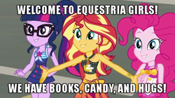 Size: 640x360 | Tagged: safe, edit, edited screencap, screencap, character:pinkie pie, character:sunset shimmer, character:twilight sparkle, character:twilight sparkle (scitwi), species:eqg human, episode:x marks the spot, g4, my little pony: equestria girls, my little pony:equestria girls, belly button, bikini, bookhorse, candy, caption, clothing, cropped, female, food, geode of empathy, geode of sugar bombs, geode of telekinesis, hugs?, image macro, magical geodes, midriff, sleeveless, swimsuit, text, welcome