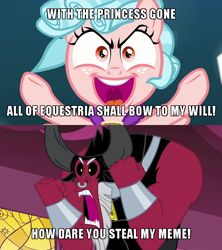 Size: 640x720 | Tagged: safe, edit, edited screencap, screencap, character:cozy glow, character:lord tirek, species:pony, episode:school raze, episode:twilight's kingdom, g4, my little pony: friendship is magic, angry, caption, crazy glow, crossing the memes, everyone steals tirek's meme, exploitable meme, female, filly, foal, image macro, insanity, meme, pure concentrated unfiltered evil of the utmost potency, pure unfiltered evil, rage, subverted meme, text, tirek vs everyone meme