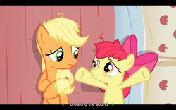 Size: 1024x640 | Tagged: safe, edit, edited screencap, screencap, character:apple bloom, character:applejack, species:earth pony, species:pony, episode:apple family reunion, g4, my little pony: friendship is magic, bed, caption, female, filly, mare, on back, pillow, youtube caption
