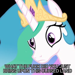 Size: 1024x1024 | Tagged: safe, edit, edited screencap, screencap, character:princess celestia, episode:a canterlot wedding, g4, my little pony: friendship is magic, caption, cropped, image macro, meme, reaction image, shocked, text, vulgar, what the fuck did you just bring upon this cursed land