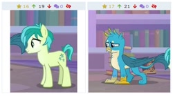 Size: 392x218 | Tagged: safe, edit, edited screencap, screencap, character:gallus, character:sandbar, species:earth pony, species:griffon, species:pony, derpibooru, episode:what lies beneath, g4, my little pony: friendship is magic, eyes on the prize, juxtaposition, library, male, meta, teenager