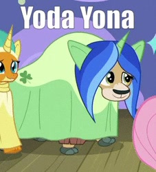 Size: 312x343 | Tagged: safe, edit, edited screencap, screencap, character:fluttershy, character:smolder, character:yona, species:dragon, episode:horse play, g4, my little pony: friendship is magic, clothing, cloven hooves, clover, costume, cropped, crossover, dragoness, fake ears, fake horn, female, pony ears, solo focus, star wars, unicorn horns, wig, yoda