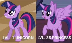 Size: 6454x3872 | Tagged: safe, edit, edited screencap, screencap, character:twilight sparkle, character:twilight sparkle (alicorn), character:twilight sparkle (unicorn), species:alicorn, species:pony, species:unicorn, episode:a canterlot wedding, episode:twilight's kingdom, g4, my little pony: friendship is magic, comparison, cropped, cute, female, grin, looking at you, looking up, mafia city, mare, meme, raised hoof, smiling, squee, that's how mafia works, twiabetes