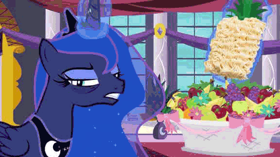 Size: 576x324 | Tagged: safe, edit, edited screencap, screencap, character:princess luna, species:alicorn, species:pony, episode:a royal problem, g4, my little pony: friendship is magic, animated, bags under eyes, eating, female, food, frown, fruit, gif, glare, levitation, lidded eyes, magic, mare, noodles, pineapple, puffy cheeks, ramen, solo, telekinesis, wat