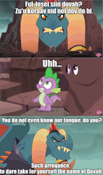 Size: 640x1085 | Tagged: safe, edit, edited screencap, screencap, character:dragon lord torch, character:spike, species:dragon, episode:gauntlet of fire, g4, my little pony: friendship is magic, caption, comic, dovahzul, image macro, male, screencap comic, skyrim, text, the elder scrolls