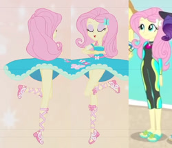 Size: 959x829 | Tagged: safe, edit, screencap, character:fluttershy, episode:so much more to me, equestria girls:forgotten friendship, g4, my little pony: equestria girls, my little pony:equestria girls, beach, clothing, comparison, cropped, dancing, dress, feet, flip-flops, legs, pirouette, sandals, skirt, skirt lift, swimsuit, wetsuit