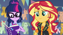 Size: 1920x1080 | Tagged: safe, edit, edited screencap, screencap, character:sunset shimmer, character:twilight sparkle, character:twilight sparkle (scitwi), species:eqg human, equestria girls:rollercoaster of friendship, g4, my little pony: equestria girls, my little pony:equestria girls, cute, fixed, notepad, plushie, shimmerbetes