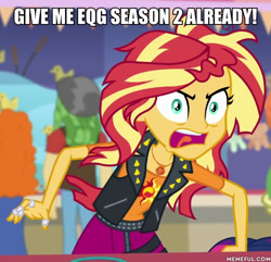 Size: 600x578 | Tagged: safe, edit, edited screencap, screencap, character:sandalwood, character:sunset shimmer, character:twilight sparkle, character:twilight sparkle (scitwi), species:eqg human, equestria girls:rollercoaster of friendship, g4, my little pony: equestria girls, my little pony:equestria girls, caption, fangirl, get on with it, golden hazel, hiatus, hyper, image macro, in-universe pegasister, it happened, it's not about the parakeet, meme, meta, offscreen character, text