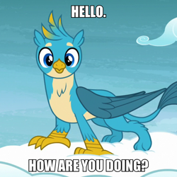 Size: 600x600 | Tagged: safe, edit, edited screencap, screencap, character:gallus, species:griffon, episode:school raze, g4, my little pony: friendship is magic, birb, bronybait, caption, cloud, cute, gallabetes, image macro, looking at you, male, solo, standing on a cloud, talking to viewer, text
