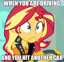 Size: 518x500 | Tagged: safe, edit, edited screencap, screencap, character:sunset shimmer, episode:driving miss shimmer, g4, my little pony: equestria girls, my little pony:equestria girls, clothing, driving miss shimmer: fluttershy, female, jacket, meme, text