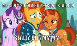 Size: 800x477 | Tagged: safe, edit, edited screencap, screencap, character:starlight glimmer, character:stellar flare, character:sunburst, species:pony, species:unicorn, episode:the parent map, g4, caption, creeper, female, image macro, male, mare, meme, milf, mother and son, one eye closed, smiling, stallion, text, that pony sure does want grandfoals, wink