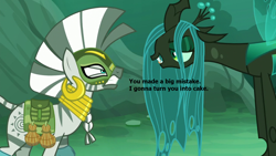 Size: 1280x720 | Tagged: safe, edit, edited screencap, screencap, character:queen chrysalis, character:zecora, species:changeling, species:pony, species:zebra, episode:the cutie re-mark, alternate timeline, changeling queen, chrysalis resistance timeline, everfree forest, female, forest, meme, resistance leader zecora, threat, transmogrification, u mad