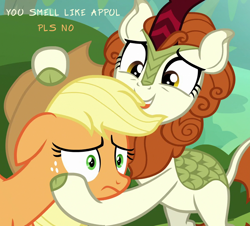 Size: 954x864 | Tagged: safe, edit, edited screencap, screencap, character:applejack, character:autumn blaze, species:earth pony, species:kirin, species:pony, episode:sounds of silence, g4, my little pony: friendship is magic, applejack's hat, appul, bad touch, clothing, cloven hooves, cowboy hat, duo, female, floppy ears, hat, mare, personal space invasion, pls, pls no, text, text edit