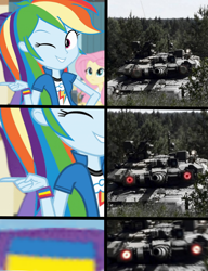Size: 1000x1300 | Tagged: safe, edit, edited screencap, screencap, character:rainbow dash, equestria girls:rainbow rocks, g4, my little pony: equestria girls, my little pony:equestria girls, flag, meme, military, one eye closed, op is a separatist, politota, russia, smiling, t-90, tank (vehicle), tank eyes, this will end in death, ukraine, war, wink