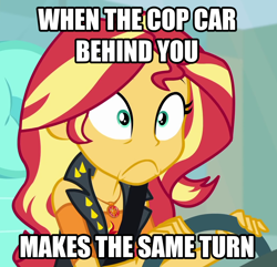 Size: 1118x1078 | Tagged: safe, edit, edited screencap, screencap, character:sunset shimmer, episode:driving miss shimmer, g4, my little pony: equestria girls, my little pony:equestria girls, caption, car, driving, driving miss shimmer: fluttershy, female, image macro, impact font, meme, steering wheel, text