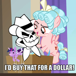 Size: 1076x1080 | Tagged: safe, edit, edited screencap, screencap, character:cozy glow, species:pegasus, species:pony, episode:school raze, g4, my little pony: friendship is magic, caption, female, filly, i'd buy that for a dollar, image macro, photoshop, robocop, skull, text, the ghost show, the man they call ghost, true capitalist radio
