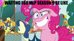 Size: 1280x720 | Tagged: safe, edit, edited screencap, screencap, character:bon bon, character:comet tail, character:pinkie pie, character:sweetie drops, species:earth pony, species:pony, species:unicorn, episode:secrets and pies, g4, my little pony: friendship is magic, apple, balloon, caption, crazy smile, female, flag, food, hiatus, image macro, implied season 9, insanity, male, mare, pie, stallion, table, text