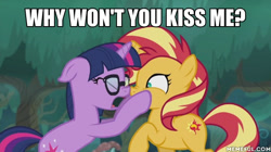 Size: 600x337 | Tagged: safe, edit, edited screencap, screencap, character:sunset shimmer, character:twilight sparkle, character:twilight sparkle (scitwi), species:pony, species:unicorn, ship:scitwishimmer, ship:sunsetsparkle, equestria girls:spring breakdown, g4, my little pony: equestria girls, my little pony:equestria girls, spoiler:eqg series (season 2), equestria girls ponified, female, lesbian, meme, ponified, shipping, unicorn sci-twi