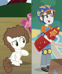Size: 473x564 | Tagged: safe, edit, edited screencap, screencap, character:super funk, species:earth pony, species:pony, episode:sic skateboard, episode:twilight time, g4, my little pony: equestria girls, my little pony: friendship is magic, my little pony:equestria girls, season 4, spoiler:eqg series (season 2), background human, background pony, clothing, colt, comparison, helmet, male, pants, shoes, skateboard, smiling, sneakers