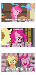 Size: 3480x7200 | Tagged: safe, edit, edited screencap, screencap, character:applejack, character:pinkie pie, episode:a bird in the hoof, episode:a friend in deed, episode:hearthbreakers, g4, my little pony: friendship is magic, applejack's hat, caption, clothing, cowboy hat, food, hat, image macro, mike the tv, multiple limbs, pie, reboot, reboot series, stetson, text
