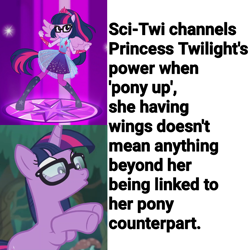 Size: 1080x1080 | Tagged: safe, edit, edited screencap, screencap, character:twilight sparkle, character:twilight sparkle (alicorn), character:twilight sparkle (scitwi), species:alicorn, species:eqg human, species:pony, species:unicorn, equestria girls:forgotten friendship, equestria girls:spring breakdown, g4, my little pony: equestria girls, my little pony:equestria girls, spoiler:eqg series (season 2), :o, clothing, comparison, cropped, equestria girls ponified, explanation, female, glasses, hooves, open mouth, ponied up, ponified, sailor mercury pose, sailor moon, scitwilicorn, solo, super sentai stance, unicorn sci-twi