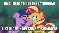 Size: 800x450 | Tagged: safe, edit, edited screencap, screencap, character:sunset shimmer, character:twilight sparkle, character:twilight sparkle (scitwi), species:pony, species:unicorn, equestria girls:spring breakdown, g4, my little pony: equestria girls, my little pony:equestria girls, spoiler:eqg series (season 2), bathroom denial, boop, caption, cutie mark, desperation, emergency, equestria girls ponified, exclamation point, eyes closed, female, forest, glasses, holding, mare, meme, need to pee, nose to nose, noseboop, omorashi, one hoof raised, open eyes, open mouth, outdoors, ponified, potty time, scrunchy face, standing, stars, sun, text, tree, unicorn sci-twi, wall of tags, yelling