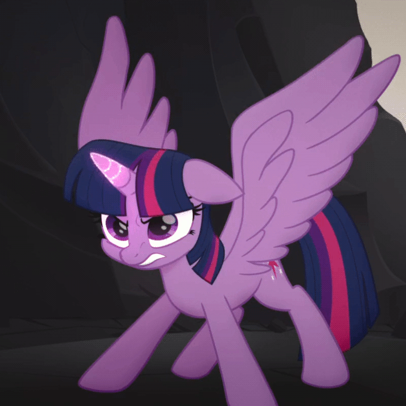 Size: 800x800 | Tagged: safe, edit, edited screencap, screencap, character:twilight sparkle, character:twilight sparkle (alicorn), species:alicorn, species:pony, my little pony: the movie (2017), angry, animated, basalt beach, cropped, female, floppy ears, frown, gif, glare, glowing horn, gritted teeth, loop, magic, mama bear, mama twilight, mare, solo, spread wings, wings