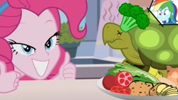 Size: 1368x770 | Tagged: safe, edit, edited screencap, screencap, character:pinkie pie, character:rainbow dash, character:tank, g4, my little pony: equestria girls, my little pony:equestria girls, broccoli, clip art, cruel, crying, dead, food, kitchen, moral event horizon, onion, parody, potato, roasted, smiley face, tankabuse, tomato, tortoise, x eyes