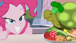 Size: 1368x770 | Tagged: safe, edit, edited screencap, screencap, character:pinkie pie, g4, my little pony: equestria girls, my little pony:equestria girls, broccoli, food, kitchen, moral event horizon, onion, parody, potato, roasted, smiley face, tankabuse, tomato, turtle