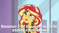 Size: 1280x720 | Tagged: safe, edit, edited screencap, screencap, character:sunset shimmer, episode:a fine line, g4, my little pony: equestria girls, my little pony:equestria girls, caption, cute, excited, image macro, shimmerbetes, soon, text, text edit