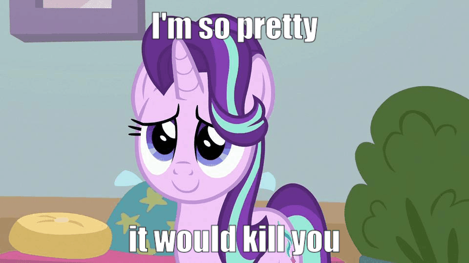 Size: 960x540 | Tagged: safe, edit, edited screencap, screencap, character:starlight glimmer, species:pony, species:unicorn, episode:marks for effort, g4, my little pony: friendship is magic, animated, blushing, caption, cute, female, gif, glimmerbetes, image macro, loop, smiling, solo, text, text edit