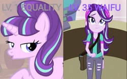 Size: 1752x1090 | Tagged: safe, edit, edited screencap, screencap, character:starlight glimmer, species:pony, species:unicorn, episode:the cutie map, equestria girls:mirror magic, g4, my little pony: equestria girls, my little pony: friendship is magic, my little pony:equestria girls, spoiler:eqg specials, :o, beanie, clothing, cute, equal cutie mark, female, glimmerbetes, hat, level up, lidded eyes, looking at you, mafia city, mare, open mouth, raised hoof, s5 starlight, smiling, solo, that's how mafia works, waifu