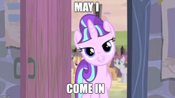 Size: 888x499 | Tagged: safe, edit, edited screencap, screencap, character:rosemary, character:starlight glimmer, species:pony, species:unicorn, episode:the cutie map, g4, my little pony: friendship is magic, background pony, bedroom eyes, door, female, grin, head tilt, imgflip, in our town, lidded eyes, looking at you, mare, meme, our town, s5 starlight, smiling, solo focus, squee