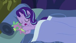 Size: 1280x720 | Tagged: safe, edit, edited screencap, screencap, character:spike, character:starlight glimmer, species:pony, species:unicorn, ship:sparlight, episode:a royal problem, g4, my little pony: friendship is magic, bed, female, male, mare, shipping, sleeping, spike doll, straight