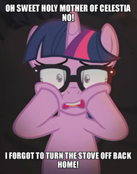 Size: 800x1021 | Tagged: safe, edit, edited screencap, screencap, character:twilight sparkle, character:twilight sparkle (scitwi), species:pony, species:unicorn, equestria girls:spring breakdown, g4, my little pony: equestria girls, my little pony:equestria girls, caption, cropped, equestria girls ponified, exclamation point, exploitable meme, female, glasses, image macro, looking at you, mare, meme, memegenerator, open mouth, panic, ponified, solo, symbol, teeth, text, text edit, tongue out, unicorn sci-twi