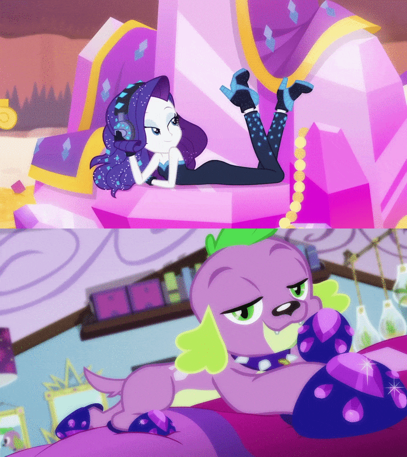 Size: 800x900 | Tagged: safe, edit, edited screencap, screencap, character:rarity, character:spike, character:spike (dog), species:dog, species:human, episode:reboxing with spike!, episode:the other side, g4, my little pony: equestria girls, my little pony:equestria girls, spoiler:eqg series (season 2), :3, animated, ass, bare shoulders, beautiful, bedroom eyes, clothing, comparison, cute, diamonds, draw me like one of your french girls, draw me like one of your french poodles, fangs, female, gem, gif, headphones, high heels, legs in air, lidded eyes, looking at you, looking back, music video, one eye closed, prone, raribetes, rearity, sexy, shoes, sleeveless, slippers, smiling, smirk, sparkles, strapless, stupid sexy rarity, stupid sexy spike, wat