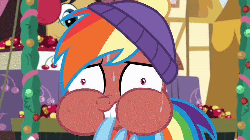 Size: 800x450 | Tagged: safe, edit, edited screencap, screencap, character:rainbow dash, species:pony, episode:best gift ever, episode:triple pony dare ya, g4, my little pony: friendship is magic, animated, edited edit, faec, gif, puffy cheeks, red face, reversed