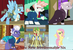 Size: 2202x1536 | Tagged: safe, edit, edited screencap, screencap, character:flam, character:flim, character:fluttershy, character:gladmane, character:svengallop, character:wind rider, character:zesty gourmand, species:earth pony, species:pegasus, species:pony, species:unicorn, episode:friendship university, episode:putting your hoof down, episode:rarity investigates, episode:spice up your life, episode:the mane attraction, episode:viva las pegasus, episode:wonderbolts academy, g4, my little pony: friendship is magic, antagonist, cropped, female, flim flam brothers, glowing horn, irredeemable, magic, male, mare, op is a duck, stallion, wrong aspect ratio