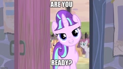 Size: 888x499 | Tagged: safe, edit, edited screencap, screencap, character:rosemary, character:starlight glimmer, species:pony, species:unicorn, episode:the cutie map, g4, my little pony: friendship is magic, bedroom eyes, blue eyes, bronybait, caption, creepy, creepy smile, crowd, door, equal cutie mark, equalized, female, horn, image macro, impact font, looking at you, our town, poster, s5 starlight, smiling, text, text edit