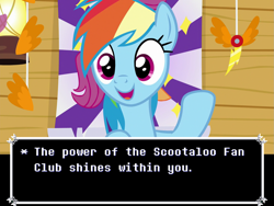 Size: 1299x975 | Tagged: safe, edit, edited screencap, screencap, character:rainbow dash, character:scootaloo, species:pegasus, species:pony, episode:the washouts, g4, my little pony: friendship is magic, caption, clubhouse, crusaders clubhouse, decoration, deltarune, dialogue box, female, image macro, lancer (deltarune), mare, meme, poster, scootaloo fanclub, smiling, solo, text