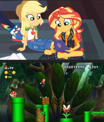 Size: 471x549 | Tagged: safe, edit, screencap, character:applejack, character:rainbow dash, character:sunset shimmer, episode:the finals countdown, g4, my little pony: equestria girls, my little pony:equestria girls, blocks, coin, gamer sunset, koopa shell, mario, new super mario bros., new super mario bros. u, new super mario bros. u deluxe, nintendo, pipe (plumbing), piranha plant, super mario bros., turtle, turtle shell, warp pipe