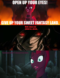 Size: 1222x1576 | Tagged: safe, edit, edited screencap, screencap, character:tempest shadow, species:pony, species:unicorn, my little pony: the movie (2017), alucard, broken horn, comic, eye scar, female, hellsing, horn, mare, oh crap, open up your eyes, scar, screencap comic